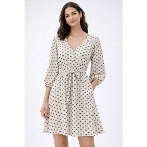 Next Cream Print Tie Waist Dress V Neck Balloon Sleeve Boho Cottagecore